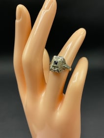 Antique 18K White Gold Sapphire and Diamond Ring