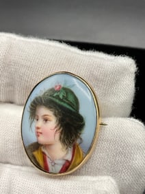 14K Yellow Gold Italian Porcelain Miniature Portrait Pin