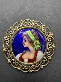 14K Enameled French Portrait Pin
