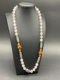 1920’s Chinese Champleve Enameled Rose Quartz Necklace with Cats Eye and Amber