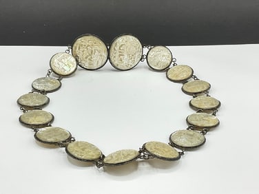 19th Century Chinese Silver MOP Belt with Carved Scenes