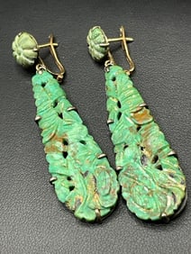Antique Chinese carved Turquoise Dangle Earrings Sterling and 14K