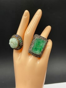 Two Vintage Chinese Carved Jade Silver Rings