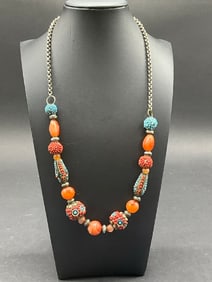 Tibetan Silver Carnelian and Turquoise Silver Necklace