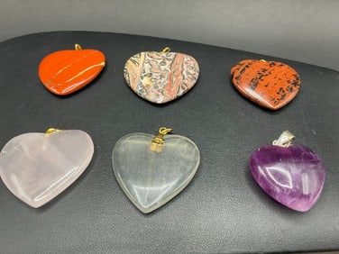 6 pc Silver Heart Shaped Gemstone Pendants