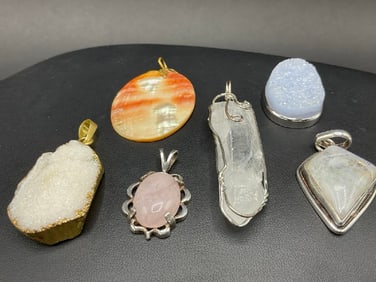 6 pcs Silver Crystal and Gemstones Pendants