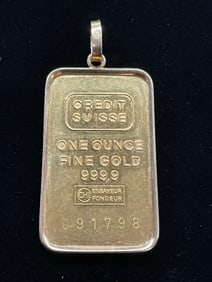 Vintage Credit Suisse One Ounce Gold Bar With 18K Bezel 33.5 Grams
