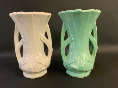 Two Vintage McCoy Strap Pottery Vases