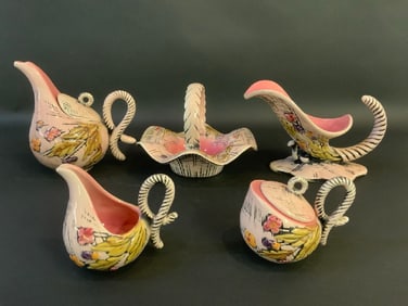 Hull Pottery “Blossom Flite?? Pitcher, Cornucopia, Sugar, Creamer and Basket