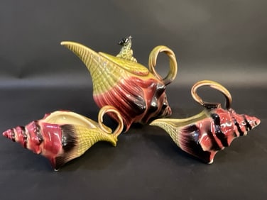 Hull Pottery “Ebb Tide Red Conch Seashell Seahorse?? Tea Pot and Sugar Bowls