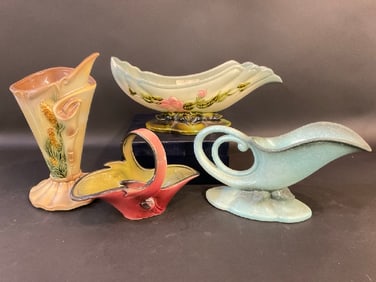 Hull Pottery “Woodland?? Console Bowl, Cranberry Basket, Teal Cornucopia Vase & “Parchment &