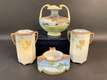 Hand Painted Art Deco Nippon Vases & Cigar Ashtray