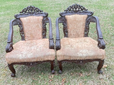 Pair Of Hand Carved Chinese Mahogany Upholstered Chairs