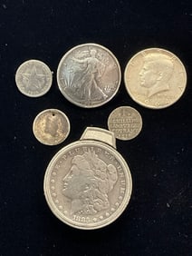 Lot of US and World Coins With 1883 Silver Morgan Dollar lighter