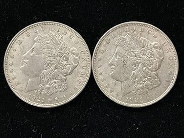 Lot of (2) 1921-P US Morgan Silver Dollars