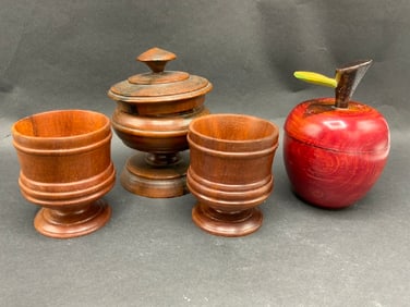 Vintage Wooden Tobacco Jar w/ (2) Cups & Hand Carved Wooden Apple