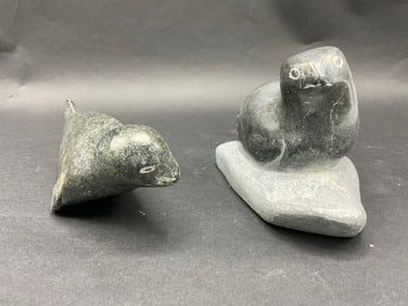 Pair of Signed Hand Carved Inuit Seal Sculptures