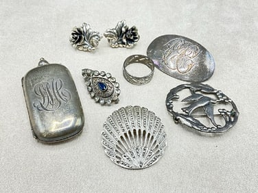 Estate Compiled Sterling Silver with Diamond and Sapphire Pin