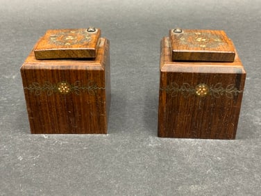 A Pair of Ornate Antique Marquetry Inlaid Wood Inkwells