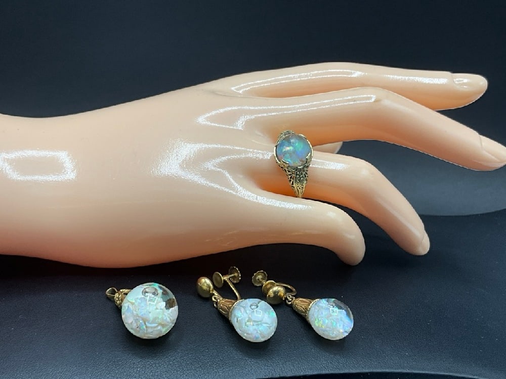 14K Floating Opal Earrings, Pendant and Ring (1 of 6)