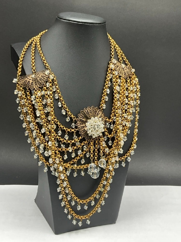 Vintage Style of Miriam Haskell Gold Tone Crystal Bib Necklace (1 of 6)