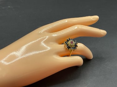 14K Yellow Gold Cornflower Blue Sapphire, Ruby and Diamond Ring
