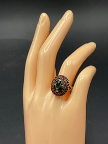 10K Yellow Gold Ruby and Cats Eye Gemstone Ring