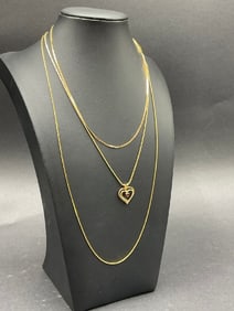 Three (3) 14K Yellow Gold Necklaces and Heart Pendant with Ruby