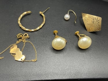 14K Estate Compiled Scrap or Use Gold with 10K Trifari Crown Faux Pearl Earrings
