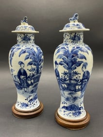 A Pair, Chinese Blue and White Porcelain Lidded Jars