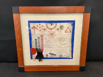 1830 Masonic Presentation to John Kidd: 1830 Masonic Presentation to John Kidd. Hand painted on Vellum (Animal Hyde) with wax seals attached to silk ribbons. Please see photograph preview. Dimensions: 22” x 23 1/4”