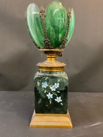 Antique Ceramic And Brass Oil Lamp With Slag Glass Shade