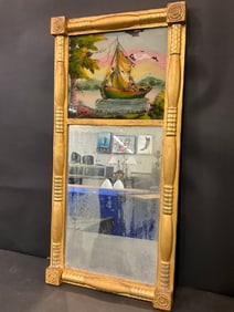 Antique Federal Reverse Painting Glass Gold Gilt Mirror