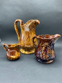 (3) 19th Century Rockingham Glazed Pitchers