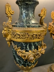 19th c. French Louis XV Bronze Ormolu and Green Marble Urn Table Lamps