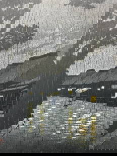 Kawase Hasui (1883-1957) Japanese Woodblock Print (1932) “Rain at Maekawa: Kawase Hasui (1883-1957) Japanese Woodblock Print (1932) “Rain at Maekawa” Mounted on Foam Board. Dimensions: Image - 15 1/2” x 10 1/4”