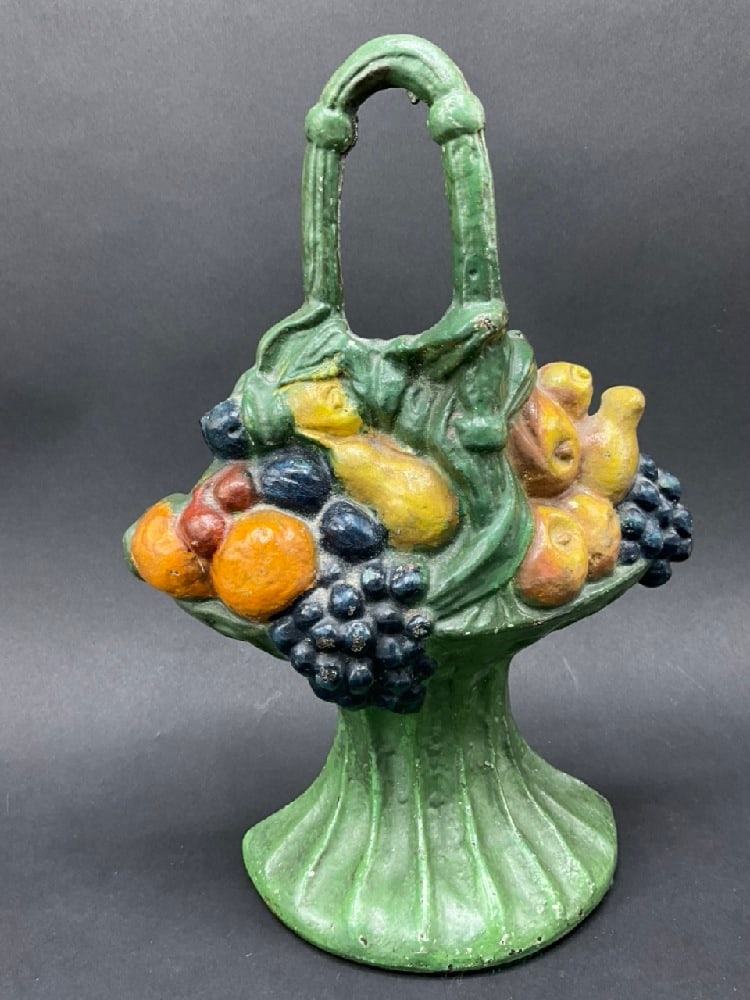Vintage Cast Iron Fruit Basket Door Stopper: Vintage Cast Iron Fruit Basket Door Stopper. Dimensions: 10” x 7 1/2”