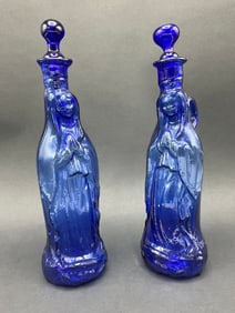 Vintage Cobalt Blue Glass Mother Mary Holy Water Bottles