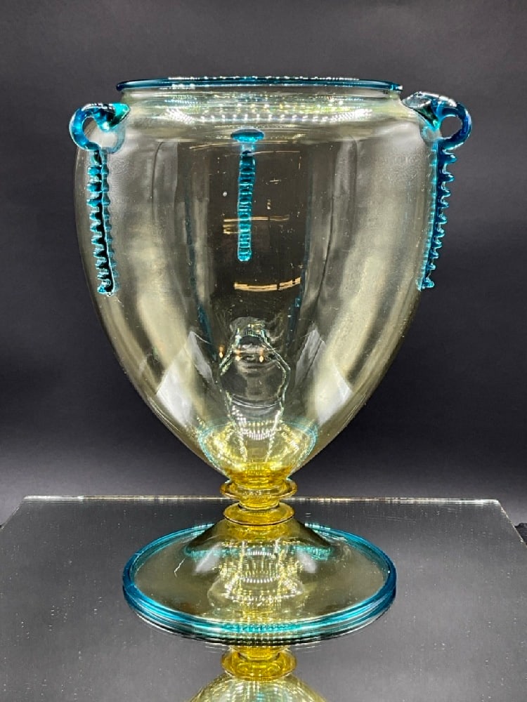 Rare Large Steuben Lemon Yellow and Blue Pedestal Vase: Large Steuben Lemon Yellow and Blue Pedestal Vase. American early 20th century. A large vessel with three (3) blue motifs mounted at the shoulder descending to a domed pedestal base. Marked at the bas
