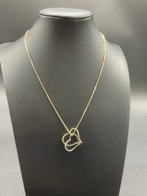 14K Yellow Gold Box Link Necklace with Double Heart Diamond Pendant