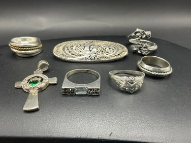 Sterling Silver Rings, Pin, and Cross