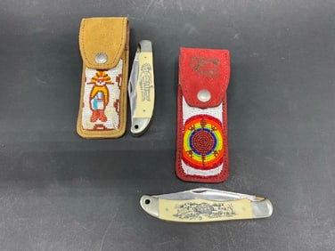 Lot of (2) Schrade Scrimshaw Prototype Knives w/ Sheaths - Limited Edition Models