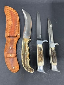 (3) Hoffritz, NY Fixed Blade Stag Handled Knives