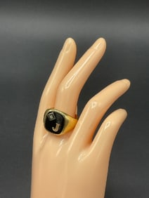 14K Men's Onyx and Diamond "J" Initial Ring