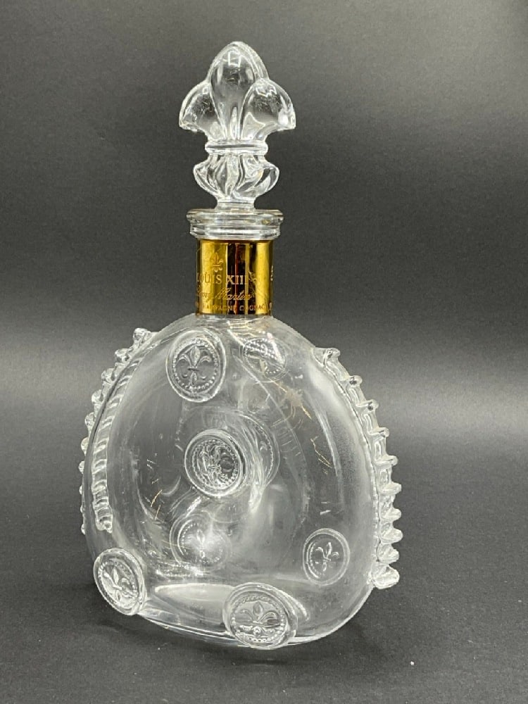 Baccarat Louis XIII Remy Martin Decanter Bottle: Please note stopper was taped down to bottle for safety. Tape removed some of the gold finish around neck. Please see photograph preview. Dimensions: 11” x 7” x 2 1/2”