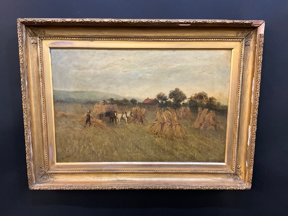 Charles Mason Oil on Canvas Wheat Harvest Painting: Charles Mason Oil on Canvas Wheat Harvest Painting.Signed lower left. Oil on canvas. Dimensions: 19/ 1/2” x 29 1/2” and 28” x 38” framed.