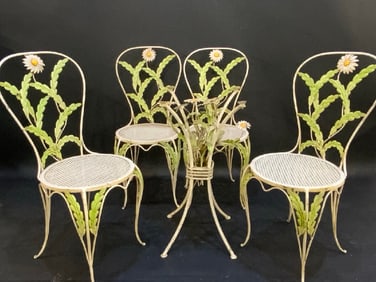 A Shabby Chic Vintage Mesh and Wrought Iron Garden Set w/Flowers