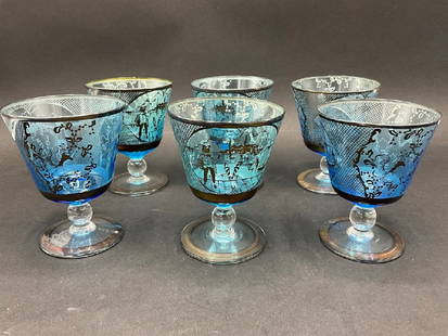 (7) Italian Venetian Sterling Silver Silhouette Overlay Cordial Glasses: (7) Italian Venetian Sterling Silver Silhouette Overlay Cordial Glasses. Dimensions: 4 1/4”