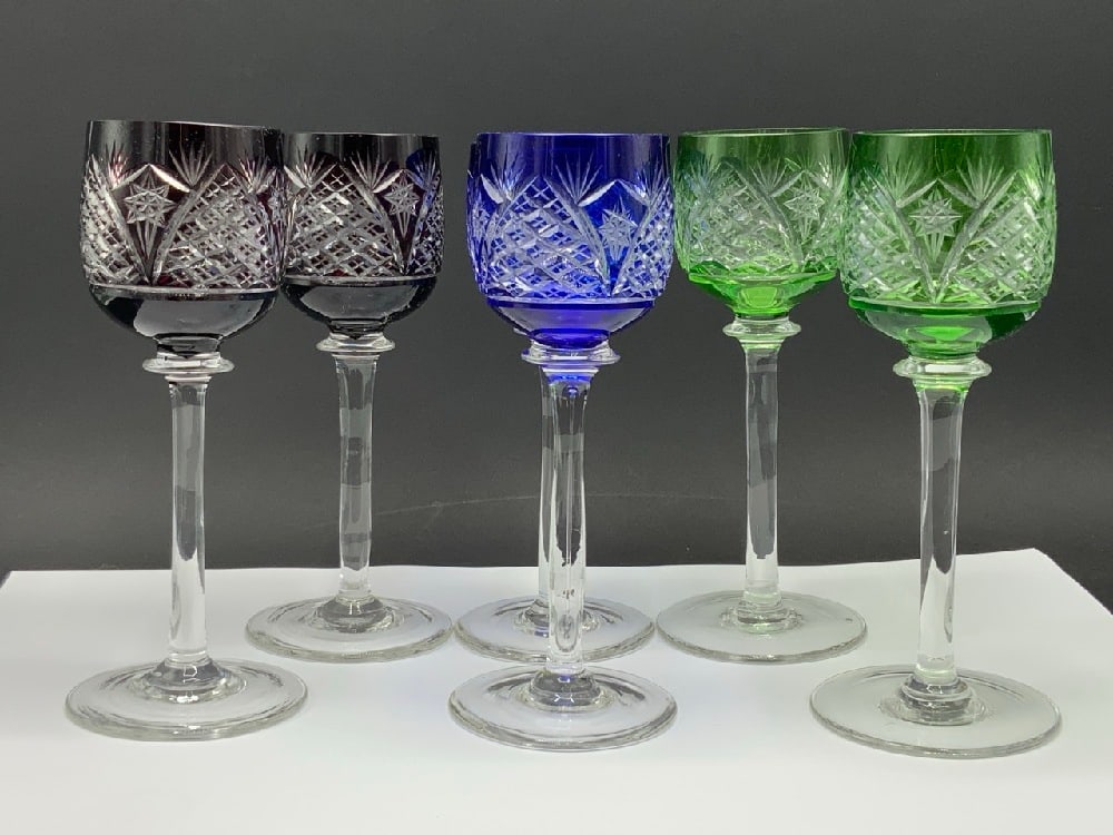 Six (6) Bohemian Cut to Clear Wine Goblets: Six (6) Bohemian Cut to Clear Wine Goblets. , Ruby Red, Cobalt Blue and Green. Good Condition,Please See Photograph Preview Dimensions:8”H x 2” D