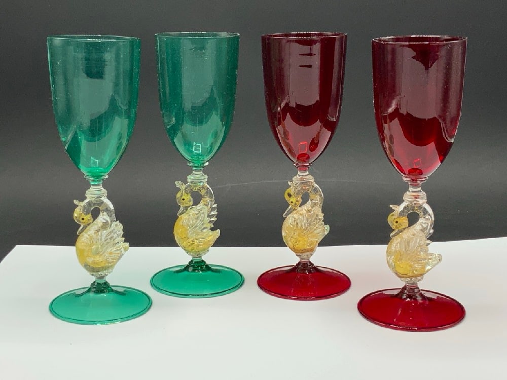 Four (4) Venetian Glass Dolphin Footed Glass Goblets (1 of 4)